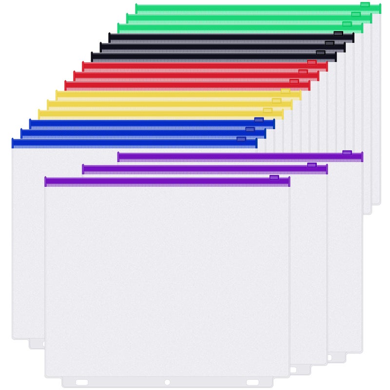 أنتنر مجموعة Antner من 18 جيبًا لحفظ الملفات بحجم الرسائل، مناسبة للمجلدات ذات 3 حلقات، مزودة بسحاب و3 فتحات، لحفظ الصفحات الداخلية، وأغطية للأوراق، وحقائب لحفظ الأوراق السائبة، مصنوعة من مادة PVC مقاومة للماء، مع 6 ألوان للسحاب. - Image 1